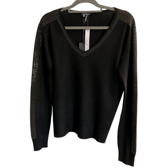 Vita Milano Black Sweater Studded Trim V-Neck Medium New - Picture 1 of 13